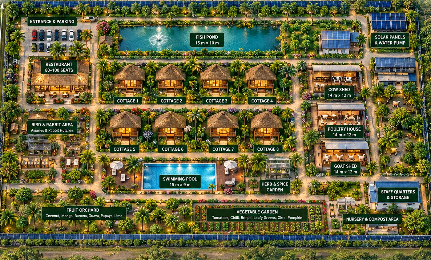 Artist’s impression of the Nature Nest concept master plan, seen from above, showing the eight cottages, fish pond, restaurant, livestock sheds, pool, gardens and orchard