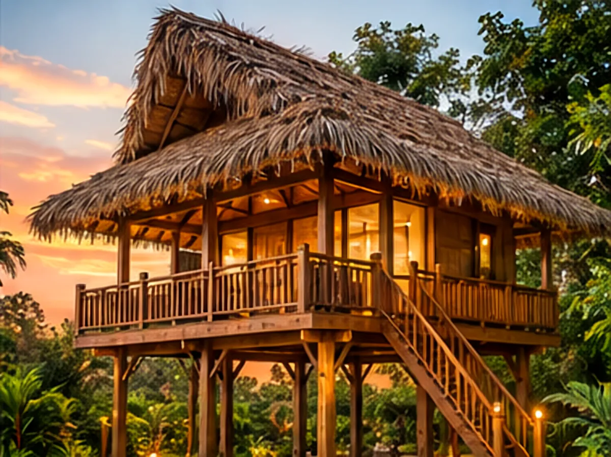 Artist’s impression of an elevated thatched eco-cottage on timber stilts at dusk