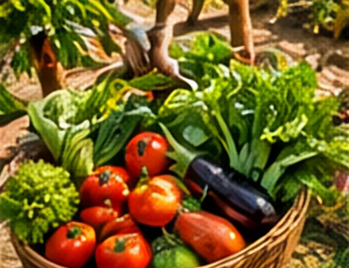 Artist’s impression of a basket of freshly harvested tomatoes, brinjal and leafy greens