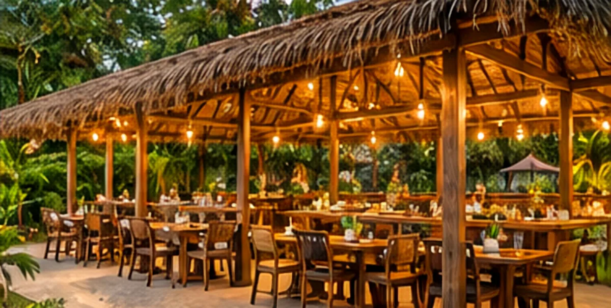 Artist’s impression of the open-air restaurant pavilion with a thatched roof and long timber tables